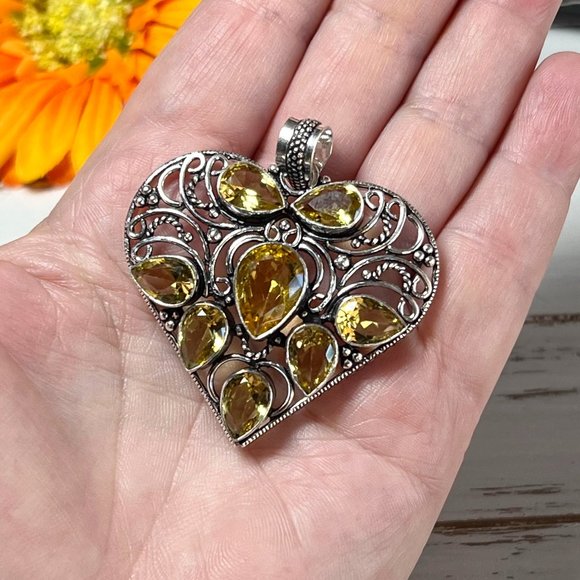 Heart Pendant Citrine Large Handmade Gemstone 924 Stamped Bohemian Sparkler New! - Picture 12 of 13
